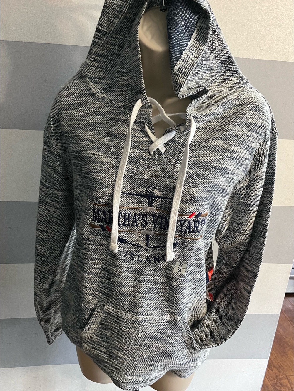 Gray Marled Hooded Pullover Sweatshirt with Embroidered Logo
